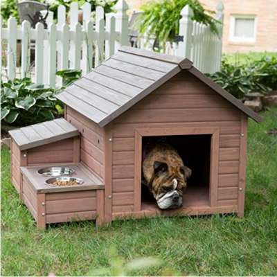 Dog Pet House with Food Bowl Tray and Storage Cubby